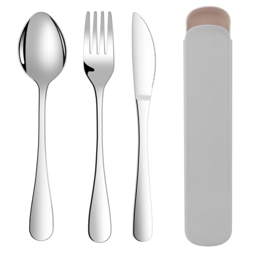 ABOHU Cubiertos para Llevar,4 piezas Cubiertos Camping de Acero Inoxidable con Cuchillos,Cuchara,Tenedores,Estuche,Juego de Utensilios Portátiles para Lonchera Escolar,Picnic,Viajes,Uso Diario(Gris)