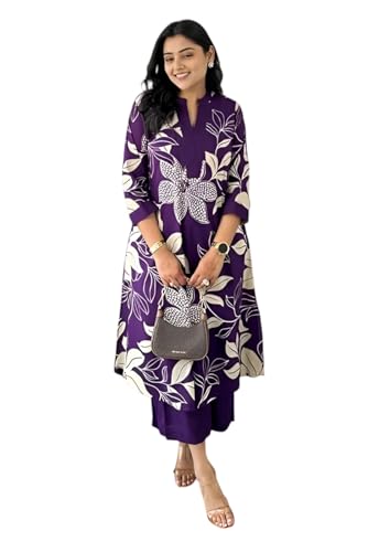 Image of LookMark Women's Floral Printed Cotton Blend 3 /4th Sleeve Knee Length V-Neck Kurta and Palazzo Set for Women