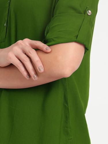 Image of Women's Roll-Up Sleeve Tunic Top, V-Neck with Button Front, Side Pockets, Rayon Short Kurti