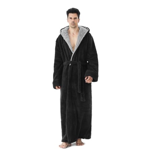 Men's Hooded Bathrobe - Plush Fleece Robe with Pockets | Long Shawl Collar Winter Warm Robes for Men | Cozy Sleepwear Housecoat