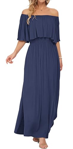 Image of AUSELILY Womens Off Shoulder Ruffle Split Summer Maxi Dresses with Pockets | Off-shoulder Ruffle dress with empire waist & side split for summer beach and casual parties