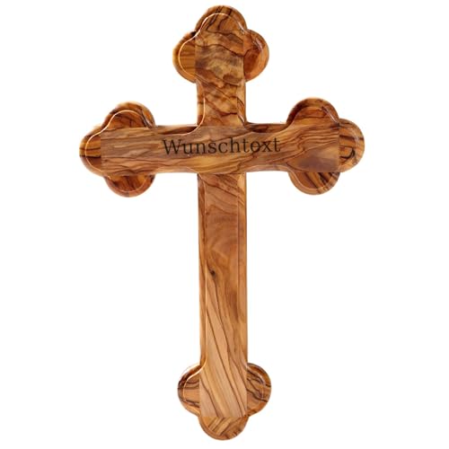 Kassis Geschenkartikel Olivenholz Kreuz Kruzifix Wandkreuz schlicht mit runden Kanten zum Aufhängen aus Bethlehem zur Firmung, Taufe, Kommunion (Wunschtext, 18 cm)