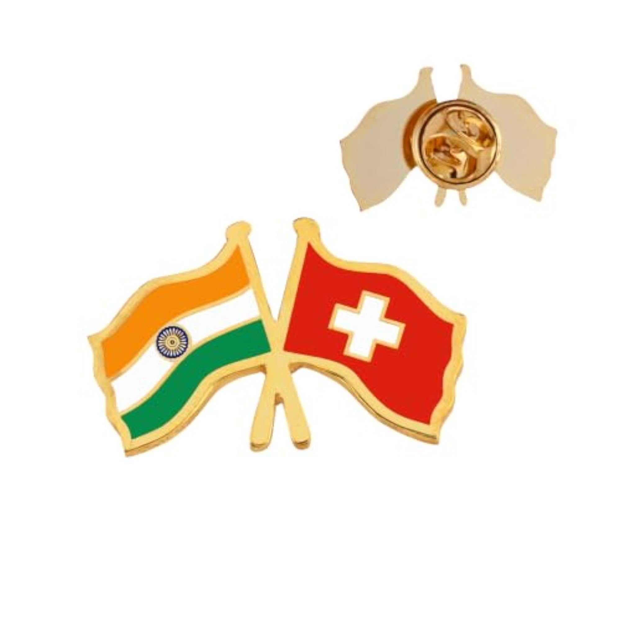 India & Switzerland Twin Flag Brass Lapel Pin, Premium Enamel Brooch