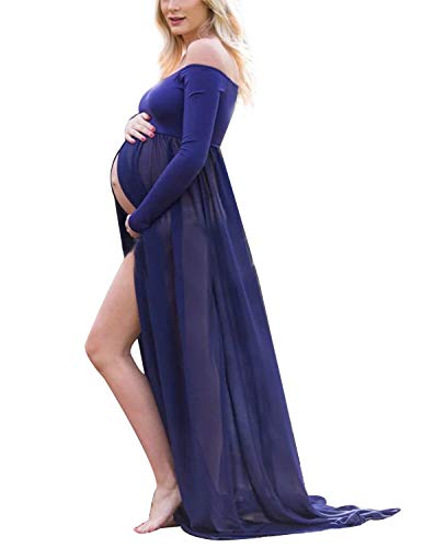 BUOYDM Mujer Embarazada Chifón Largos Vestido de Fiesta Foto Shoot Dress Fotográficas de Maternidad Apoyos De Fotografía (Talla única-Busto:95-120CM, Longitud:170CM, A-Azul)