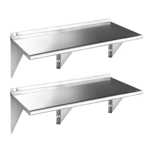 ROCKPOINT Stainless Steel Shelf 18 x 60 Inches 450lb, 2 Pack NSF Metal Commercial Shelves Wall Mount Floating Shelving with Backsplash for Restaurant, Kitchen, Home and Hotel, Silver