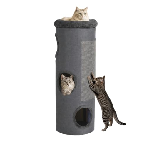 SOARS Kratztonne für Katzen XXL, 113 cm Katzentonne mit 3 Höhlen, Grau