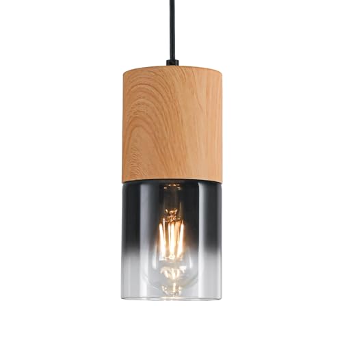 Image of Modern Pendant Lights for Kitchen Island, Adjustable Black Pendant Light Fixtures with Raw Wood Grain, Industrial Glass Pendant Lights for Dining Table Hallway Bedroom Living Room,1 Pack