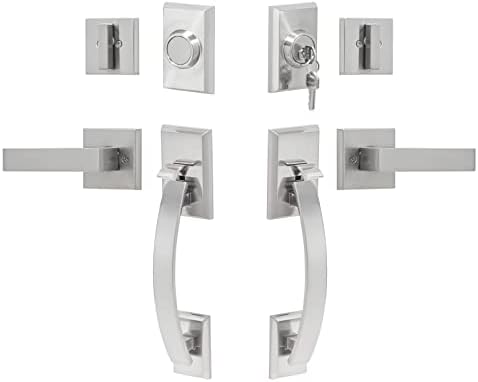 NeuType Front Door Handle Set Double Door Handle Set with Dummy Heavy Duty Double Door Lock Set, with Single Cylinder Deadbolt and Lever Handle, Compatible with Right & Left Handed Doors, Satin Nickel