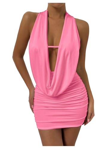 Image of SOLY HUX Women's Sexy Deep V Neck Halter Bodycon Mini Dress Sleeveless Party Club Dresses
