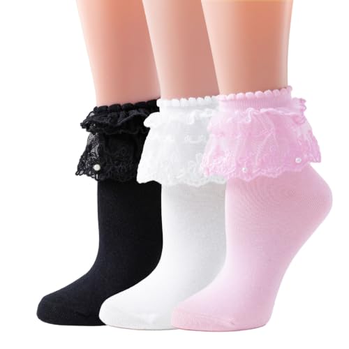 Image of Women Ruffle Socks, Soft Comfortable Lace Frilly Fashion Princess Socks with Pearls 3 Pairs
