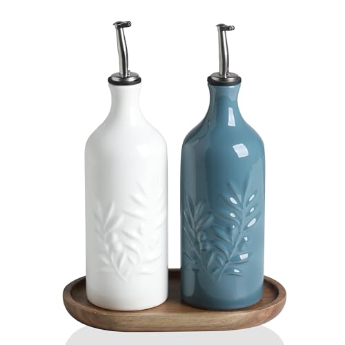 Sweejar Home Ceramic Olive Oil Dispenser Bottle, 560ml Relief Opaque Oil Cruet Protects To Reduce Oxidation, Suitable for Storage Vinegar, Soy Sauce,Liquids,Set of 2 (White Fog Blue)