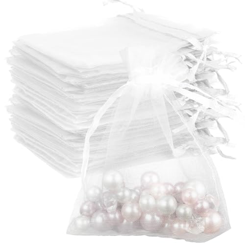 Image of White Organza Bags - 100 Pcs, Sheer 3 x 4 Inch, Jewelry & Party Favor Bags with Drawstring, Mesh Gift Pouches for Wedding & Birthday