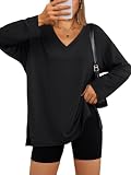 Trendy Queen Womens Oversized Long Sleeve T Shirts Side Slit Workout Tops Fall Fashion Plus Size Gym V Neck Basic Y2k Tees Black S