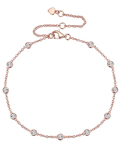 Diamond Bezel Bracelet, Adjustable Cable Chain, 11 Round Bezel Diamonds, 6.5’’/7.5’’/8.5’’ Chain Length, 14K Rose Gold-plated Sterling Silver/14K Gold-plated Sterling Silver/Sterling Silver