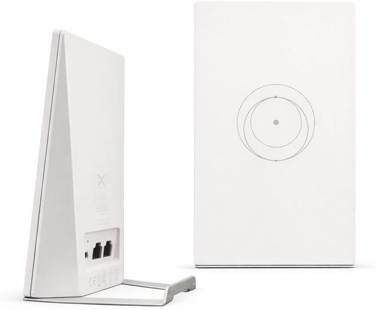 Diagram showing the dimensions of the Starlink Mini Router: 138 mm (5.4 in) height, 83.6 mm (3.3 in) width, and 27 mm (1 in) depth. The stand adds to the depth, making it 71.6 mm (2.8 in) when placed on a surface.
