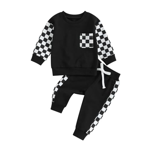 XIXIMAON Baby Boy Spring Autumn Outfits Long Sleeve Crew Neck Sweatshirt Tops Elastic Joggers 2 Piece Toddler Tracksuit Newborn Checkerboard Clothes (Black, 2-3 Years)