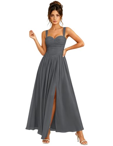 VELORUM Bridesmaid Pleated V Neck Corset Chiffon Prom Dress for Women Gray Elegant A-Line Long Ruched Wedding Guest Slit Dresses 2026