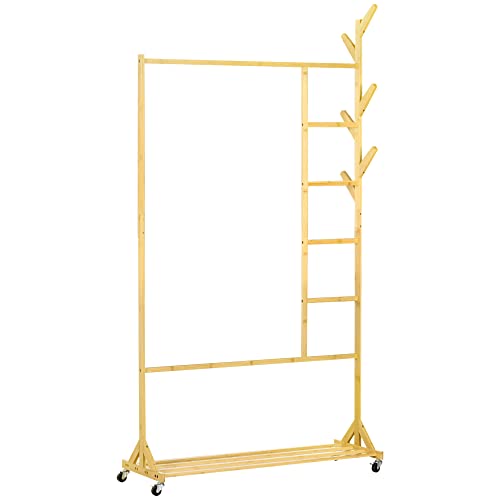 HOMCOM Burro ropa con Ruedas Perchero Burro Ropa de Bambú con 6 Ganchos Barra y Estante para Recibidor Pasillo Dormitorio 100x37x191 cm Natural