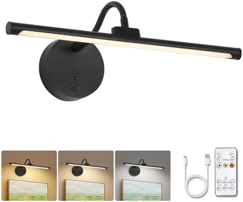 Picture Lights for Wall – Wireless Rechargeable LED Light with Remote, Adjustable Arm, Gold Battery Operated Display Lighting for Paintings, Bedroom, Gallery Wall Décor (Black, 12.6 inch - 1Pack)