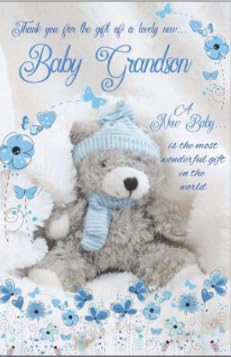 Thank you For The Gift of A Lovely New Baby Grandson Card – Large Multi-Page Insert with Verse – 27x17cm – Blue Teddy & Butterfly Design