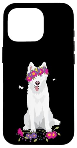 Super Cute White Siberian Husky with Flowers and Butterflies Case for iPhone 16 Pro
