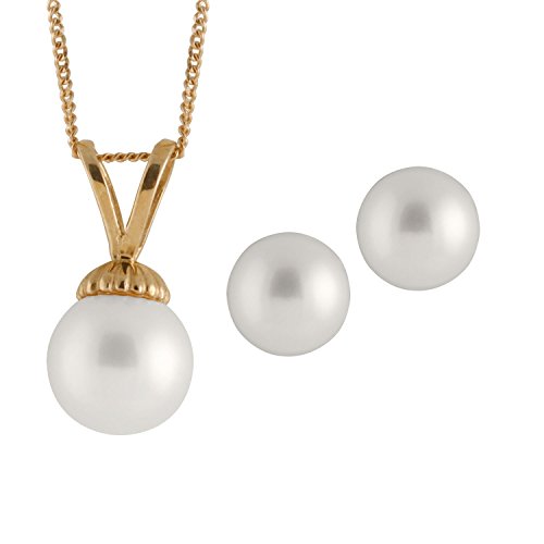 14K Yellow Gold Handpicked AAA Quality Round Genuine White Akoya Cultured Saltwater Pearl Pendant Matching Stud Earrings Set on 17