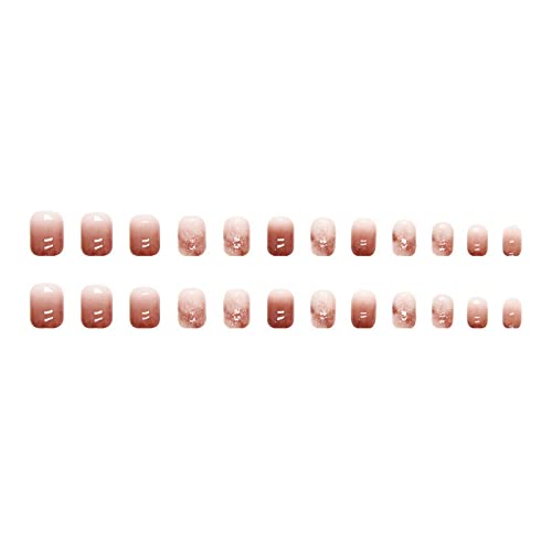 Misud Short Square Press On Nails Squoval Fake Nails Glossy Glue On Nails Red Brown Gradient Acrylic Nails Fall Bloom Glitter Stick On False Nails 24 Pcs #TOP2