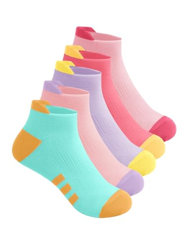 Haloumoning 5 Pairs Girls Ankle Socks Kids Athletic Low Cut No Show Cotton Short Socks 4-15 Years