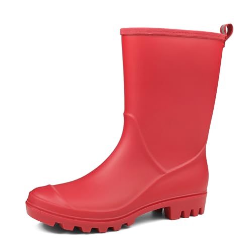 DKSUKO Women's Mid-Calf Rain Boots Garden Boots Waterproof Rubber Boots (6 B(M) US, Matte Red)
