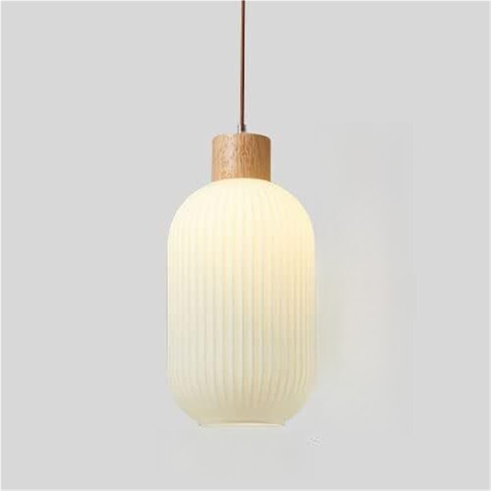 Granestner Nordic Timber Pendant Light with White Ribbed Glass Shade E27 Drop Ceiling Chandelier Kitchen Island Lighting Fixture(Dia-20cm)