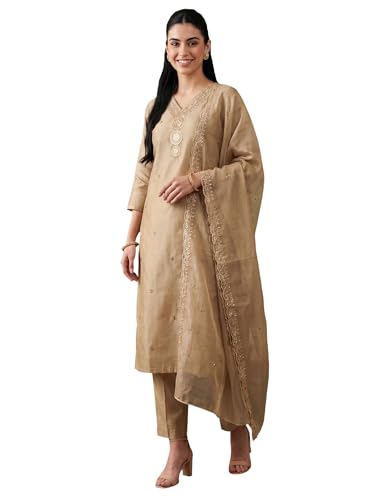 Image of INDO ERA Women's Silk Blend Ethnic Motifs Embroidered Thread Work Straight Kurta & Pant with Dupatta Set (Beige IEBBAI372 Large)