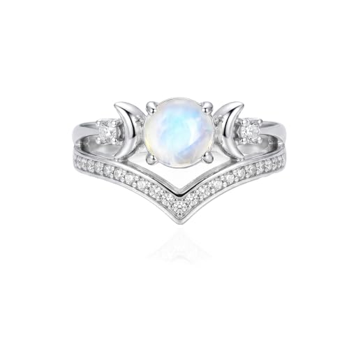 ixluck Natural Moonstone Crystal Triple Moon Godness Ring Healing Crystal Wicca Pagan Jewelry for Women 9