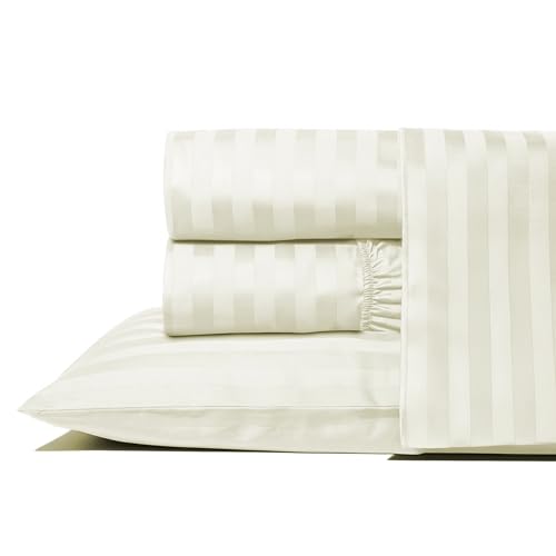 Image of THREAD SPREAD California King Bed Sheets, Luxury 1000 Series Paradise Collection 100% Egyptian Cotton Damask Striped Cal King Sheets Set (4 PC, Ivory Stripe), 16 inch Deep Pocket Hotel Sheet Set