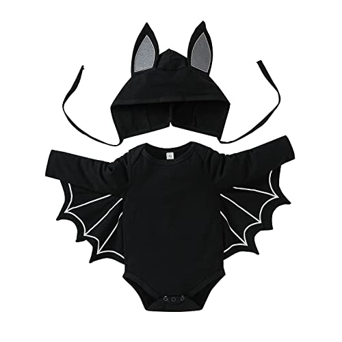 TIMOGG Newborn Baby Boys Girls Halloween Outfit Bat Romper Bodysuit Jumpsuit Hooded Clothes (Black 3-6 Months)