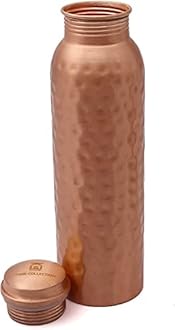 KHC 100% Pure Copper Water Bottle Handcrafted | 34 Oz 1 Litter Copper Water Vessel - Drink More Water Bottle in many Patterns– Large -Leak Proof - Smooth Finish (Hammered Matt Copper Bottle)