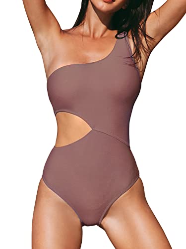 CUPSHE Damen One Shoulder Badeanzug Cut-Out Strukturierte Strandmode Einteilige Asymmetrische Bademode Swimsuit Braun L