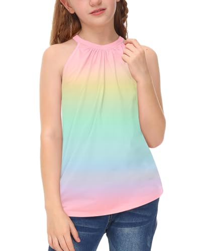 Image of BesserBay Girls Summer Back Button Halter Neck Tank Top Cold Shoulder Casual Blouse Pleated Sleeveless Shirts 5-14 Years