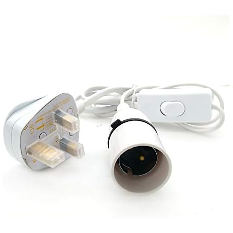 B22 Bayonet Lamp Holder with Cord Switch,Phenolic BS UK Power Cord with 3 pin Fused Plug and 1.5m Wire (White, with Switch) Cover