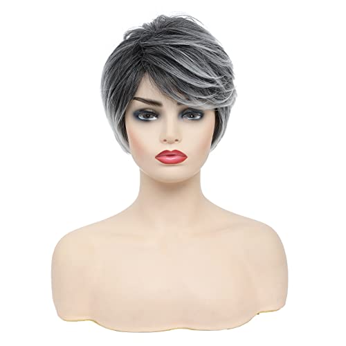 YYHR Pixie Cut Wigs Synthetic Short Ombre Gray Pixie Haircut Wig with Bangs Glueless Layered Wig Wavy Grey to Black Wigs for Women