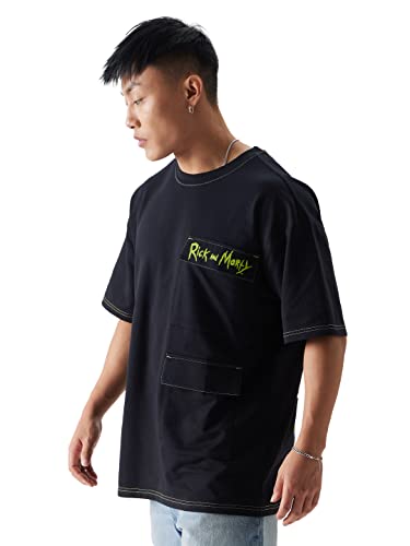 Image of The Souled Store Official Rick & Morty: Escape from Reality Men and Boys Oversized fit Graphic Printed Half Sleeve Cotton Black Color Men Oversized T-Shirts