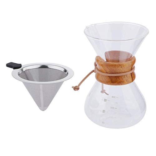 Tubayia Cafetière en verre avec filtre à café en acier inoxydable Pour Over (400 ml)