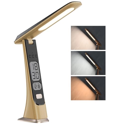 Morwealth Lampe de bureau LED rechargeable sans fil à intensité variable avec batterie, horloge numérique, LCD, date, luminosité continue, lumière...