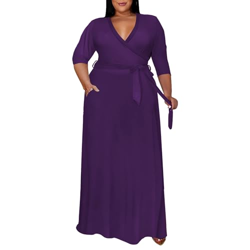 Image of Runwind Plus Size Dress for Women - 3 /4 Sleeve V Neck Maxi Dresses for Women (XL-6XL)