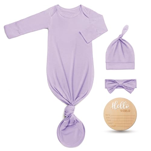 Image of Hello World Newborn Outfit Knotted Gown 0-3 Months, Baby Girl Boy Coming Home Sleeper with Sign