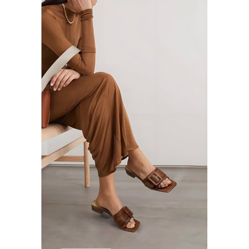 Women's Slide Heeled Sandals Opened Square Toe Chunky Block Heel Slippers with Buckle Slip on Casual Comfortable Pumps3