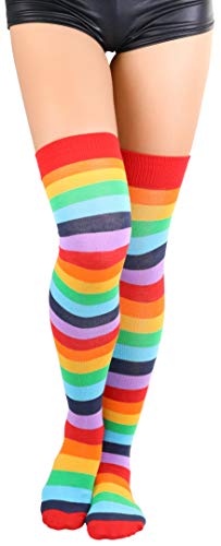 Image of ToBeInStyle Women's Bright Vibrant Rainbow Striped Thigh High Rave Stockings
