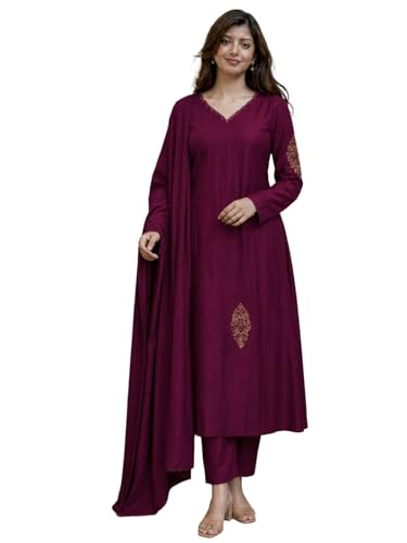 Image of ANNI Designer Kurta Set for Women Viscose Embroidered | A-Line Kurta Pant Dupatta Set for Woman | Long Sleeve V-Neck Stylish Ethnic 3 Piece Outfit Trendy Women Clothing