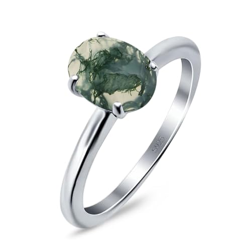OMRANII Minimalist Oval Natural Green Moss Agate Solitaire Cathedral Ring Wedding Engagement Rings For Women 925 Sterling Silver Gifts For Her2