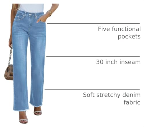Image of GRAPENT Straight Leg Jeans for Women High Waisted Stretchy Frayed Raw Hem Loose Denim Pants Casual Baggy Jean Trousers