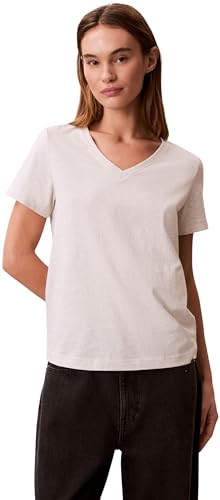 Calvin Klein Camiseta de Manga Corta Mujer Archive Jersey tee con Cuello de Pico, Marfil (Ba01 Grey Heather), L